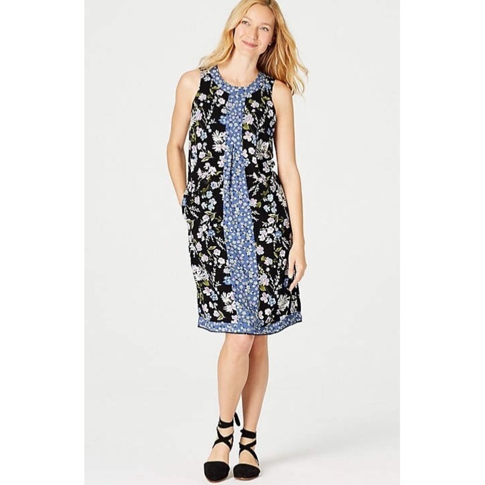 J Jill Dress Sz Small Petite Black Blue Floral Sleeveless Shift Heirloom Daisies - Picture 1 of 9